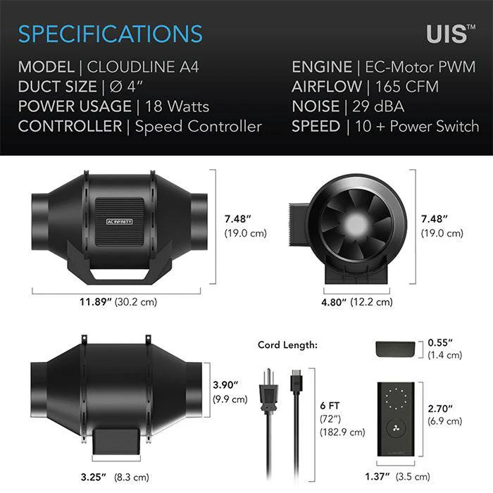 AC Infinity 4" Cloudline A4 Quiet Inline Fan with Speed Controller, 165 CFM - Image 2