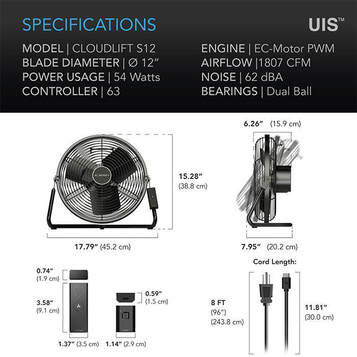 AC Infinity CLOUDLIFT S12 Floor/Wall Fan with Wireless Controller, 12" - Image 2