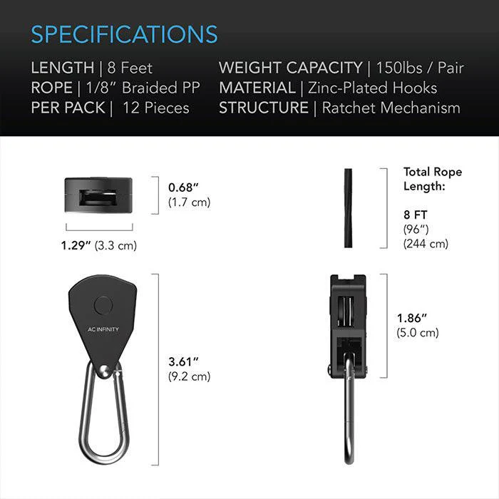 AC Infinity Heavy-Duty Adjustable Rope Clip Hanger, 6 Pairs - Image 2