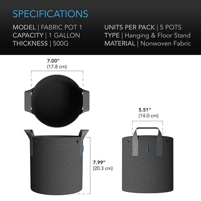 AC Infinity Heavy-Duty Fabric Pot, 1 Gallon, Pack of 5 - Image 2