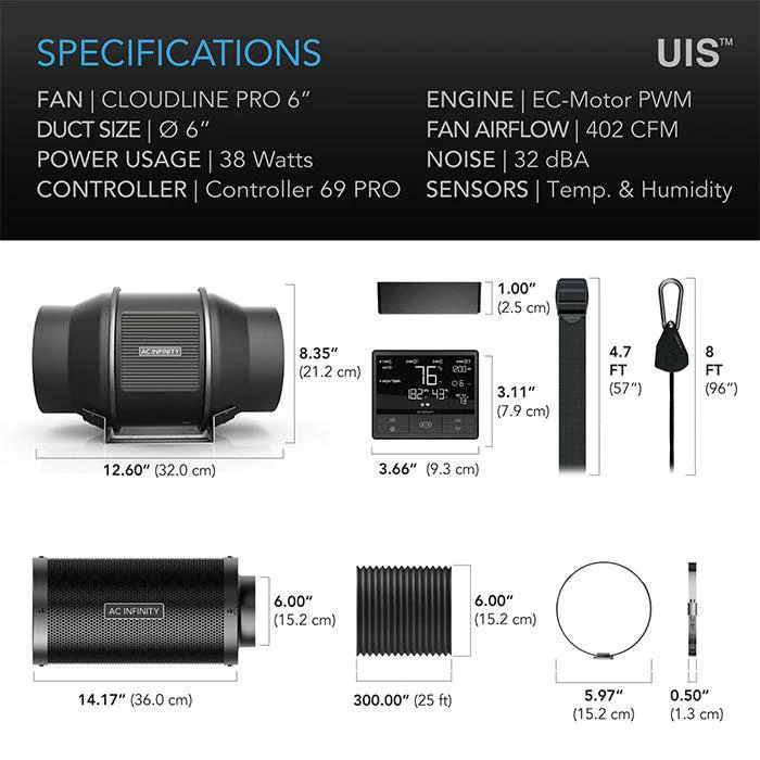 AC Infinity PRO Air Filtration Kit with Inline Fan and Controller, Carbon Filter, and Ducting Combo, 6" - Image 7