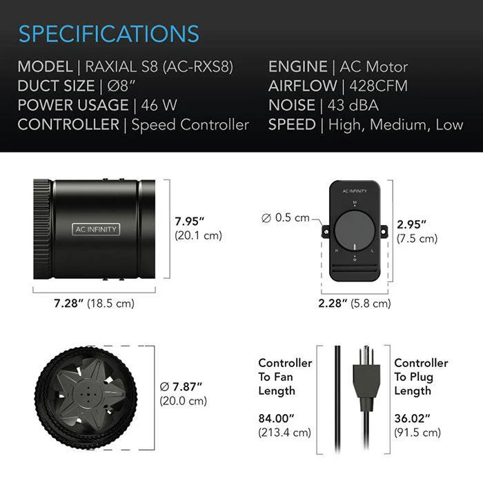 AC Infinity Raxial S8 Inline Booster Duct Fan with Speed Controller, 8" - Image 6