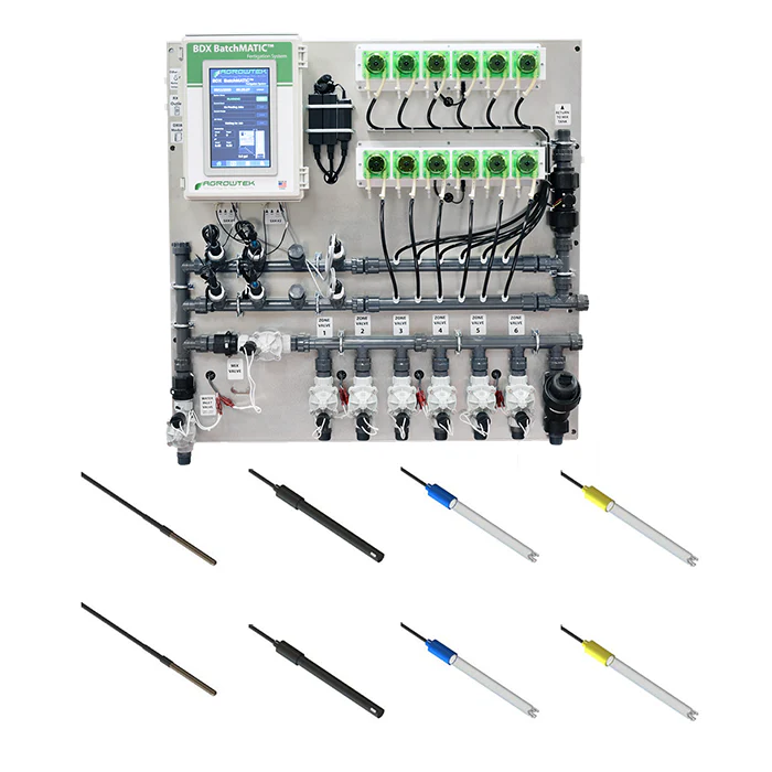 Agrowtek GrowControl BDX BatchMatic 6-Zone/10 Peristaltic Pump Fertigation System With Dual Temperature, pH, EC Sensors & ORP Sensors