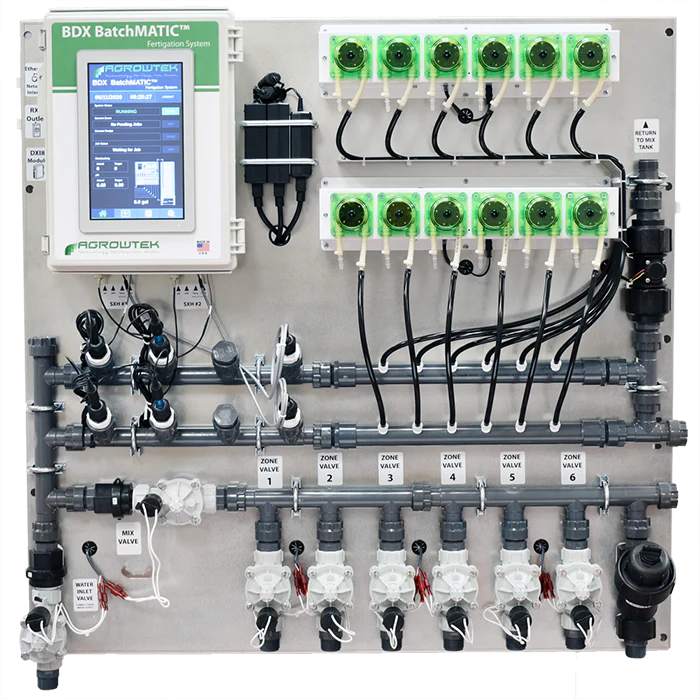 Agrowtek GrowControl BDX BatchMatic 6-Zone/5 Peristaltic Pump Fertigation System With Dual Temperature, pH, & EC Sensors, Single ORP Sensor, & WiFi Connectivity