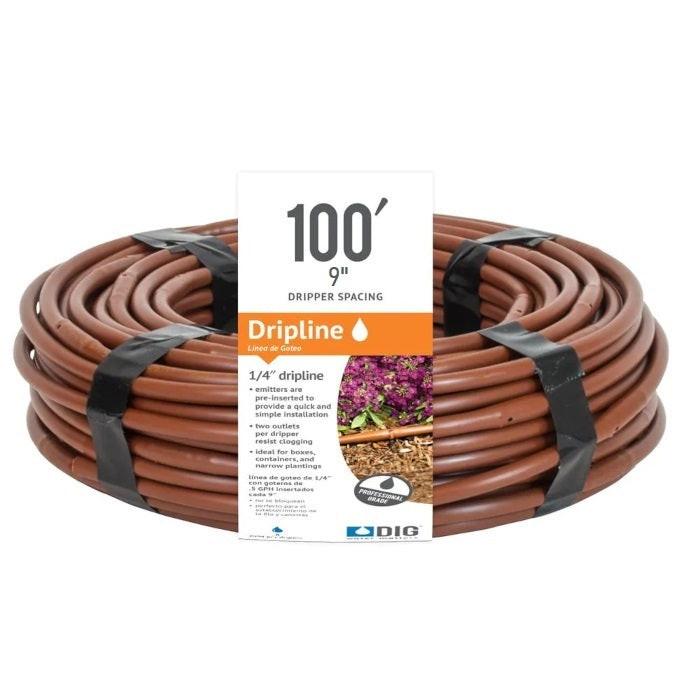 DIG Micro-Line 1/4 Inch Non Pressure Compensating Dripline, 9 Inch Emitter Spacing, 0.52 GPH, Brown - 100 Feet - Pack of 8