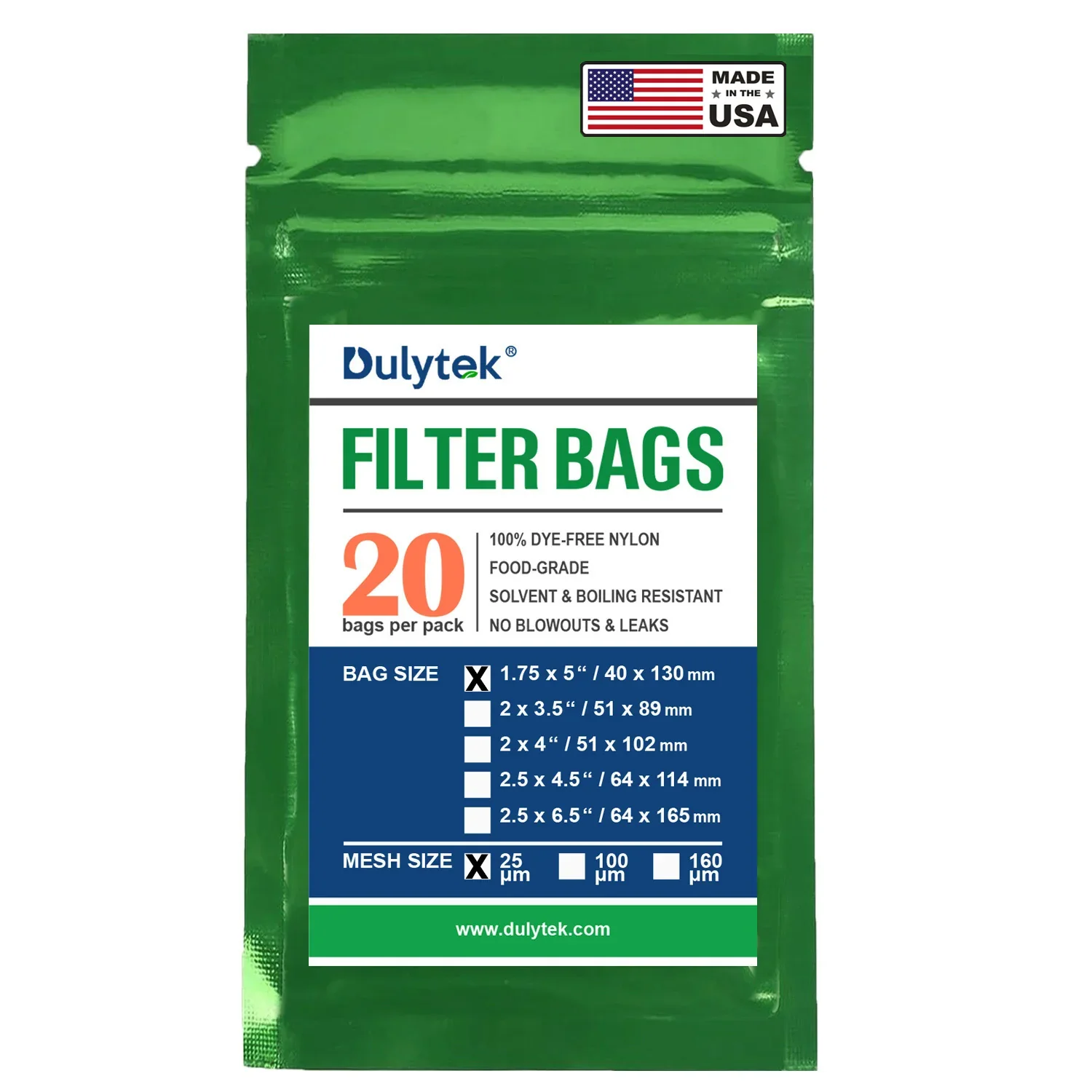 Dulytek Premium Nylon Filter Bags, 1.75" x 5", 25 Micron, Pack of 20