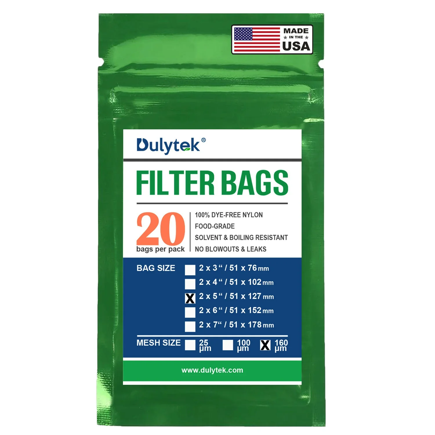 Dulytek Premium Nylon Filter Bags, 2" x 5", 160 Micron, Pack of 20