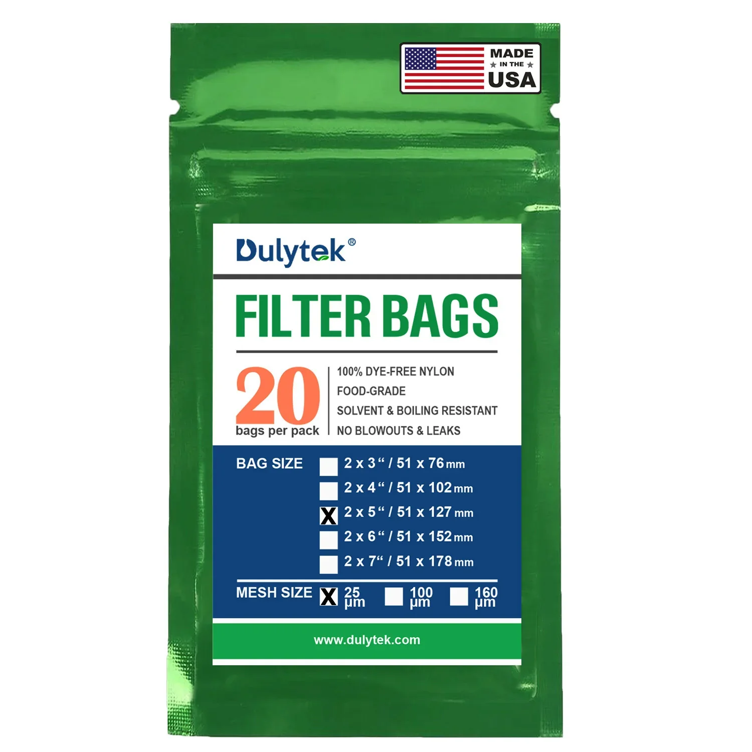 Dulytek Premium Nylon Filter Bags, 2" x 5", 25 Micron, Pack of 20