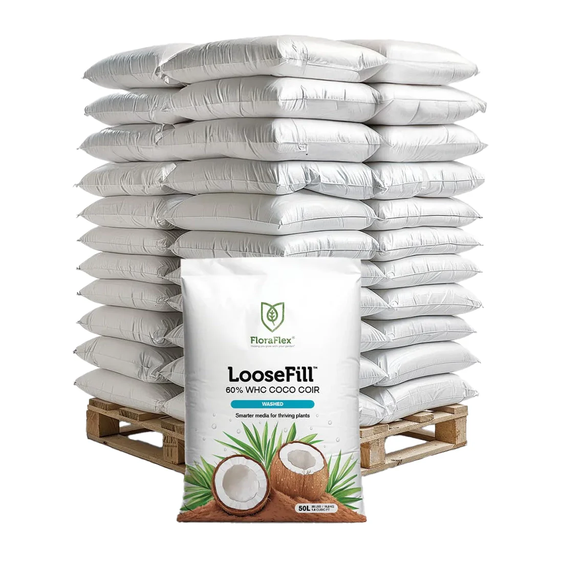 FloraFlex Washed LooseFill Coco Coir Bag, 60% WHC, 50 Liter, Pallet of 100 Bags