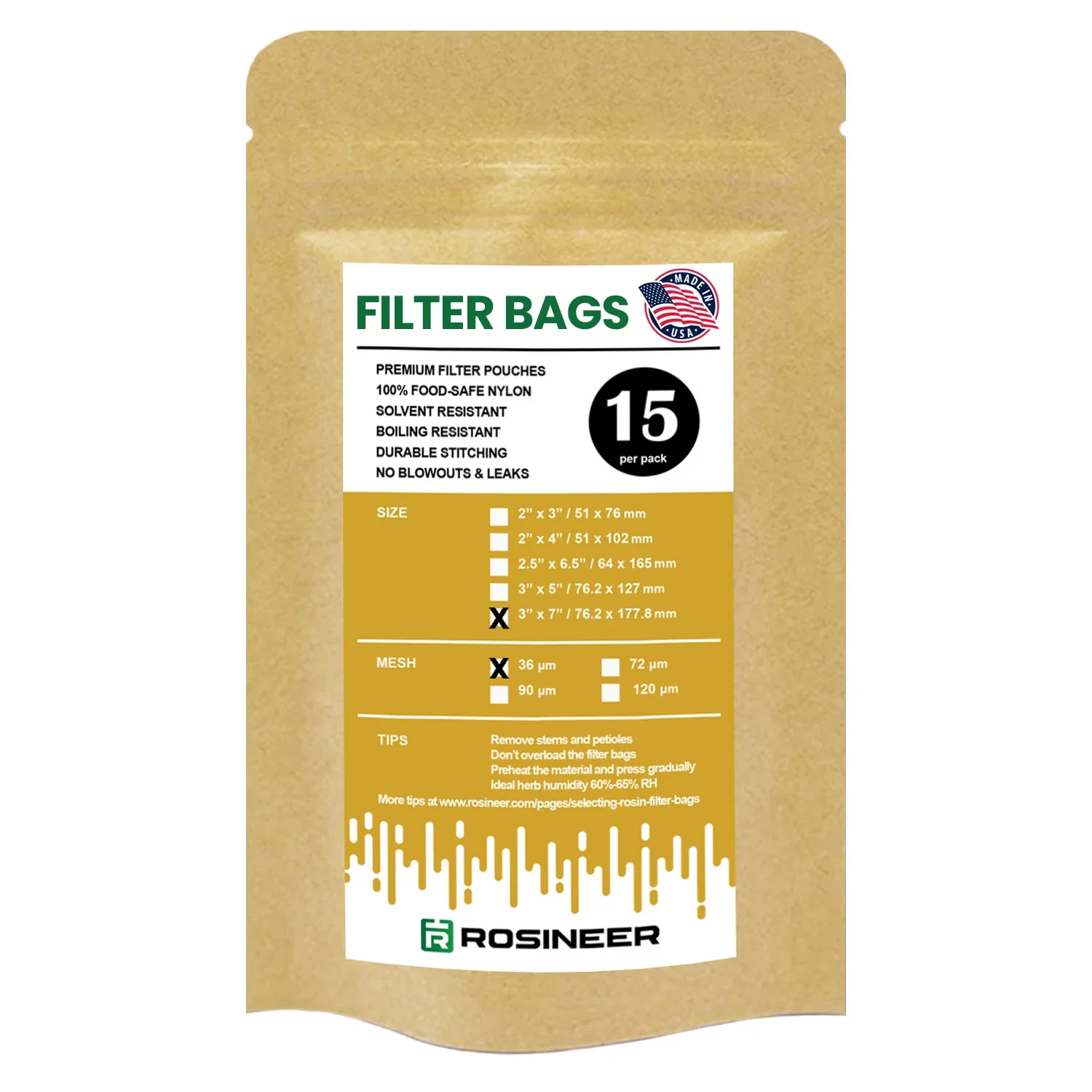 Rosineer Premium Filter Bags, 3" x 7", 36 Micron, Pack of 15