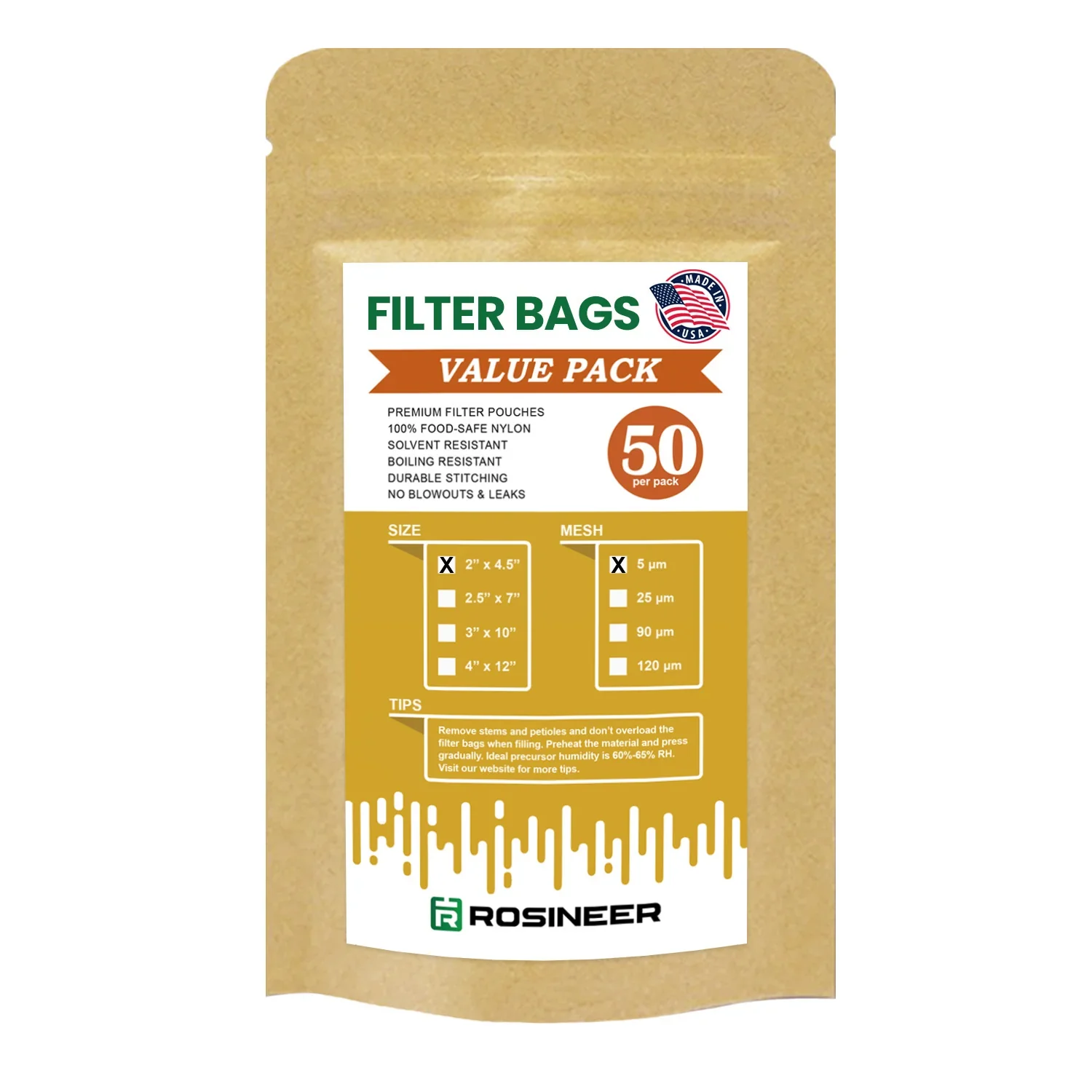 Rosineer Premium Rosin Filter Bags, 2" x 4.5", 5 Micron, Pack of 50