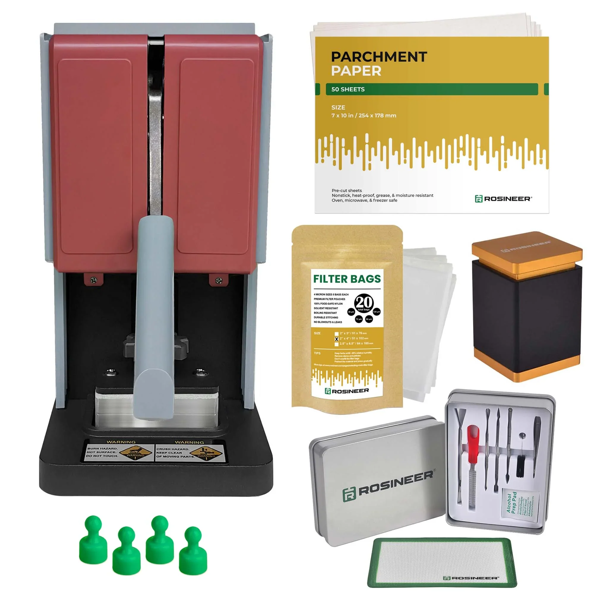Rosineer PRESSO 1500 lb. Manual Rosin Press Machine With Accessory Bundle, Dusty Red
