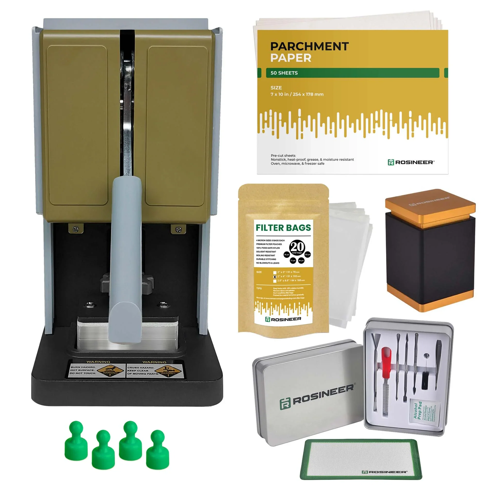 Rosineer PRESSO 1500 lb. Manual Rosin Press Machine With Accessory Bundle, Veteran Green