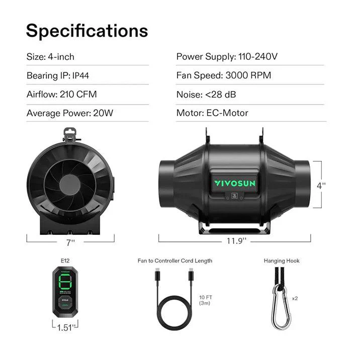 Vivosun AeroZesh T Series Inline Fan with E12 Speed Controller - Image 13