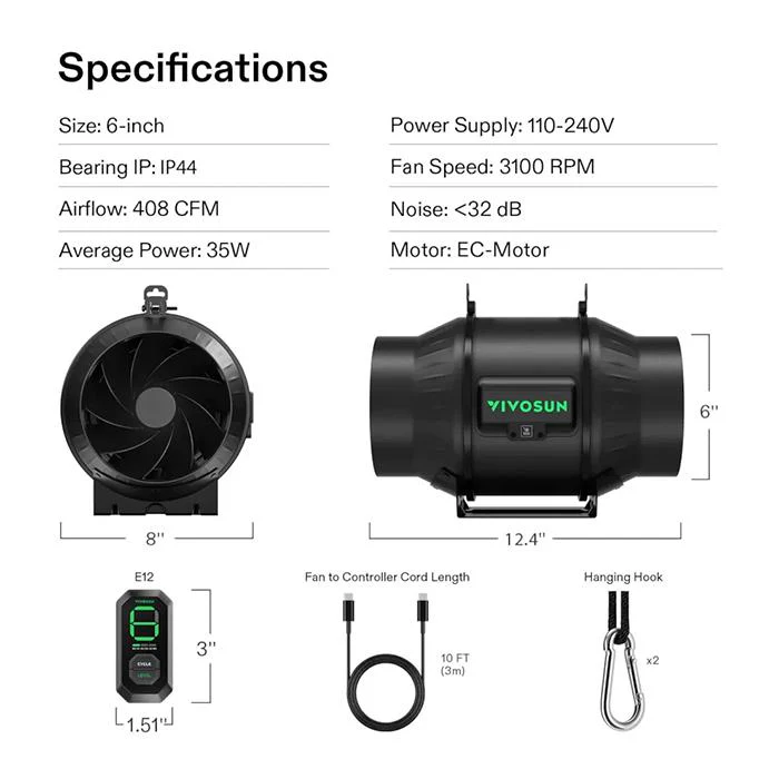 Vivosun AeroZesh T6 6" Inline Fan with E12 Speed Controller - Image 10