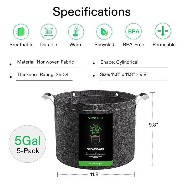 Vivosun Thick Nonwoven Fabric Pot with Handles & Multi-Purpose Rings, 5 Gallon, Pack of 5 - Image 7