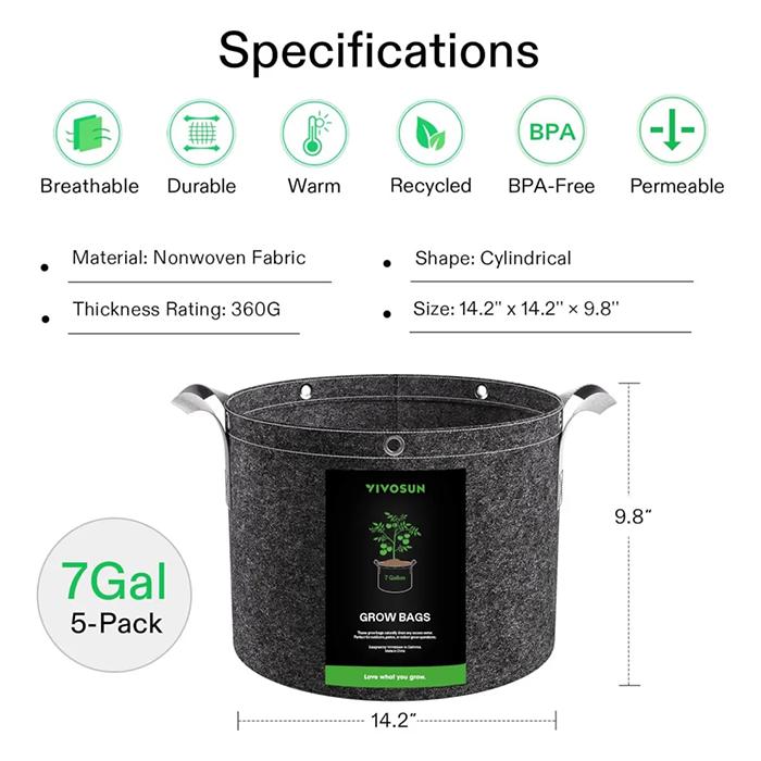 Vivosun Thick Nonwoven Fabric Pot with Handles & Multi-Purpose Rings, 7 Gallon, Pack of 5 - Image 7